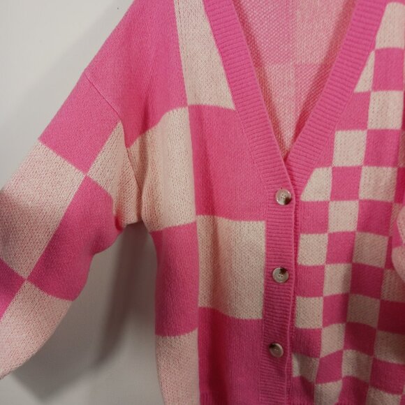 BIBI Pink & Ivory Mixed Checkered Oversized Cardigan Sweater Size LRG, Cozy Chic - Picture 8 of 16